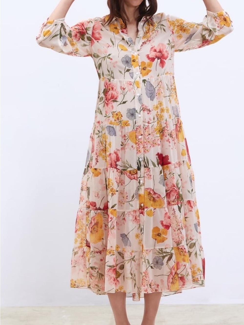 Zara Cream Floral Tiered Maxi Dress with Pink & Yellow Blooms